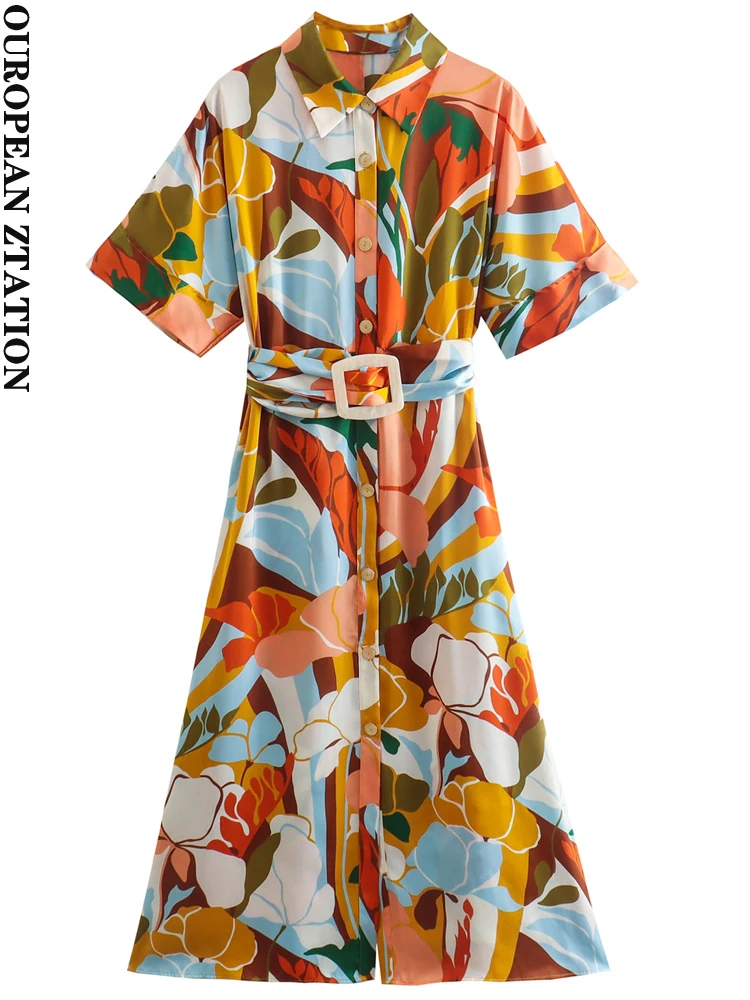

PAILETE Women 2022 fashion with buckle belt printed midi shirt dress vintage short sleeve front buttons female dresses vestidos