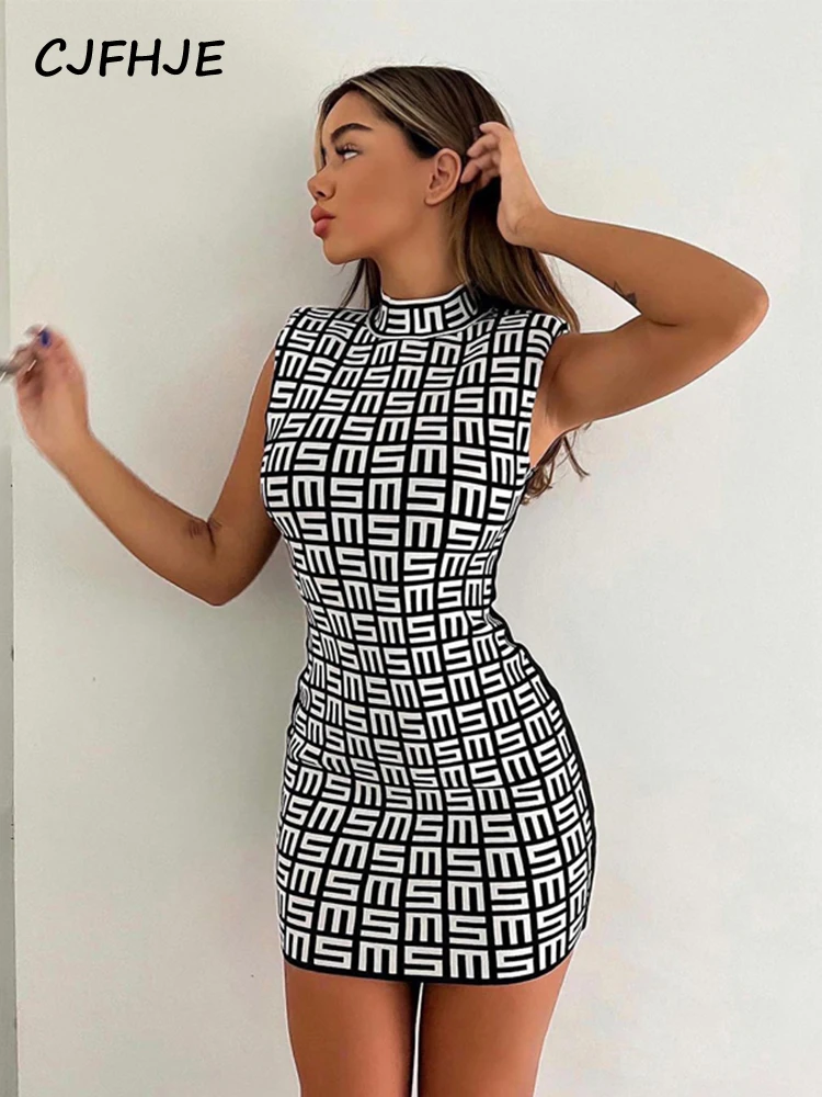 

CJFHJE Checkerboard Letter Print Satin Slip Sleeveless Turtleneck Mini Dress 2022 Fall Bodycon Evening Party Elegant Vestido