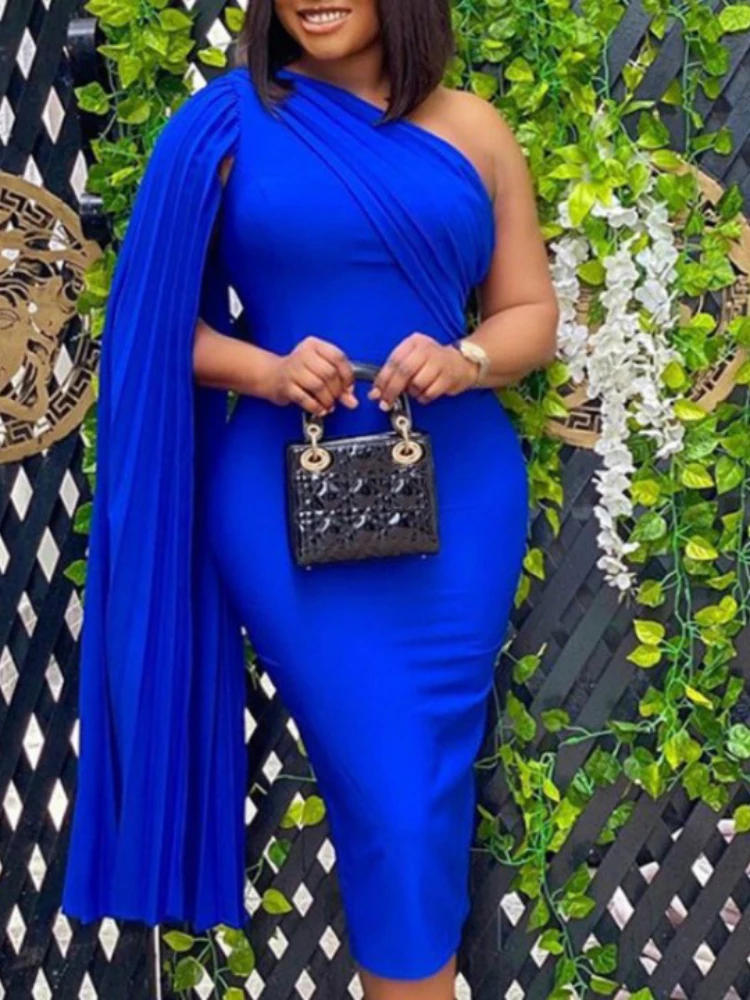 

Elegant Women Party Celebrity Dress Sexy One Shoulder Ruched Ribbon Runway Dress Bodycon Big Size Blue Dinner Prom Dresses 2XL