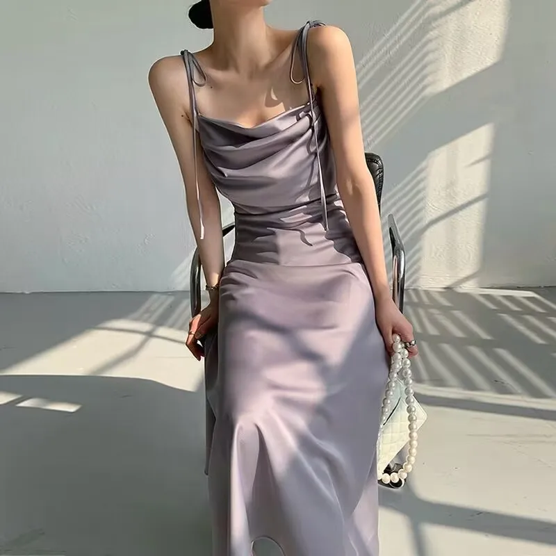 

Elegant Satin Italian Spaghetti Halter Dress Women's Summer Sleeveless Backless Pleated Long Evening Dresses 2023 New