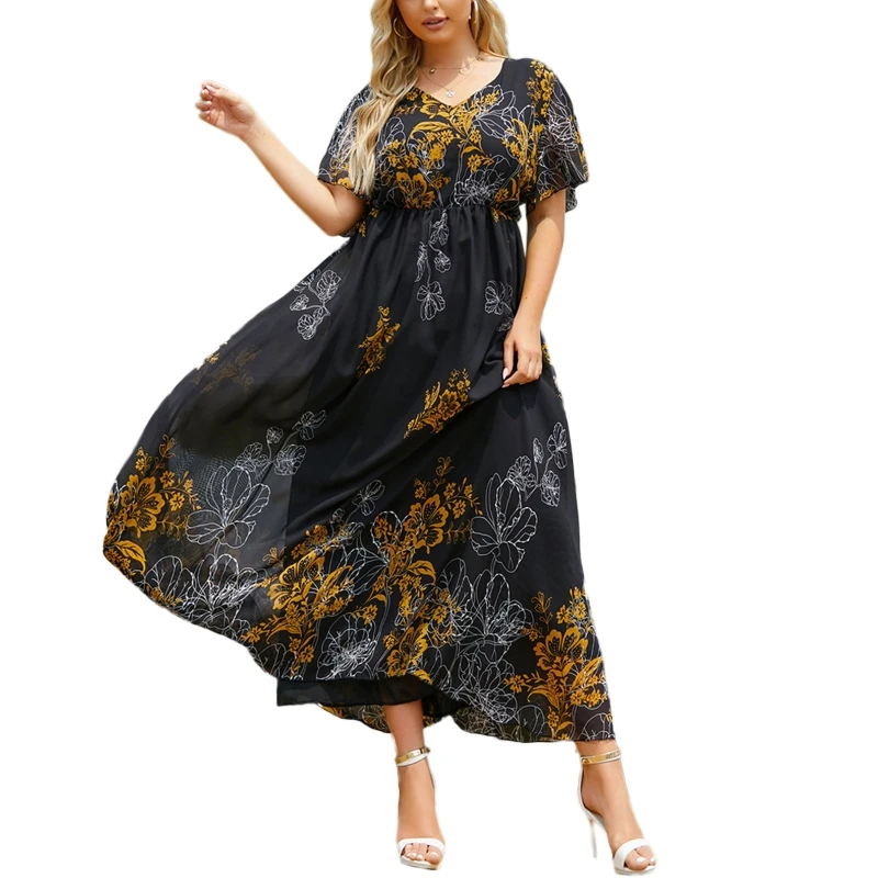 

Women Flare Short Sleeve V-Neck Floral Print Elastic Waist Maxi Long Swing Dress