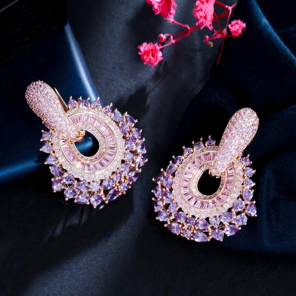 

2022 New Trendy Luxury Purple Pink Cubic Zirconia Pave Dangle Earrings for Women Statement Wedding Party Jewelry CZ979