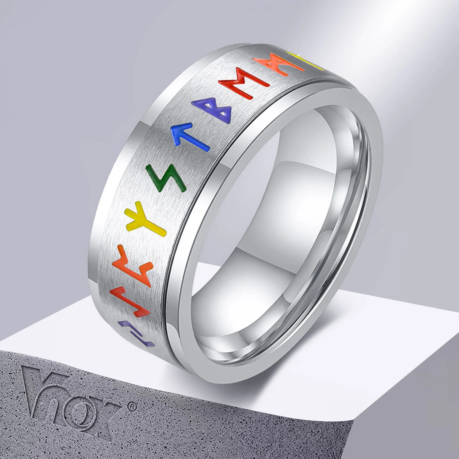 

Vnox Unique Rainbow Color Nordic Viking Rune Knot Rings for Men, 8MM Stainless Steel Spinner Rotatable Anxiety Bands Ring