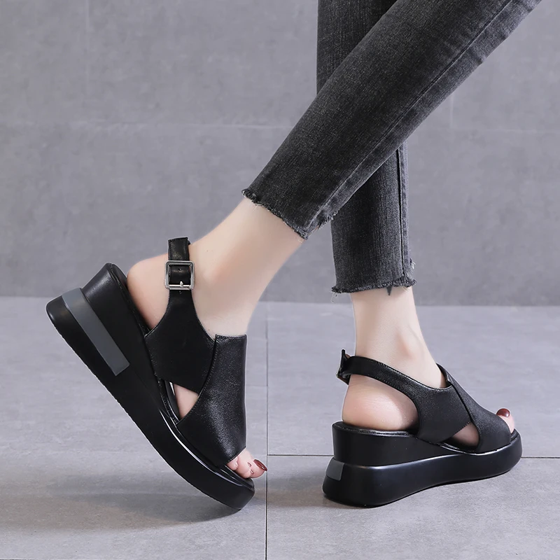 Summer Wedge Shoes for Women Sandals Solid Color Open Toe High Heels Casual Ladies Buckle Strap Fashion Female Sandalias Mujer