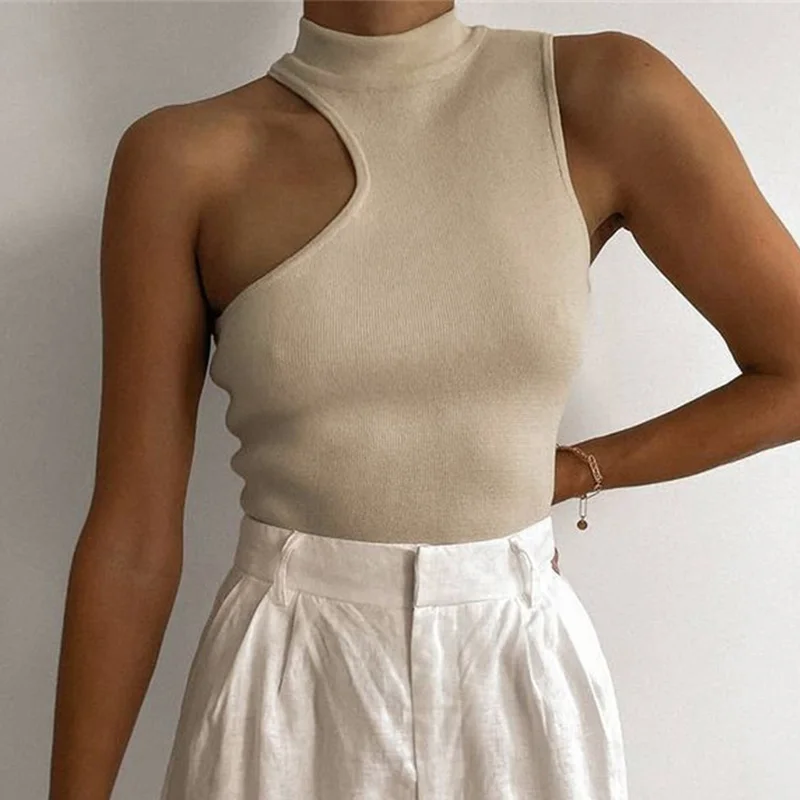 

Hollow Out Ribbed Knitted Turtleneck Top Casual Off Shoulder Tops Summer Tanks Women Solid Cropped Tops Sexy Camis Female 2021
