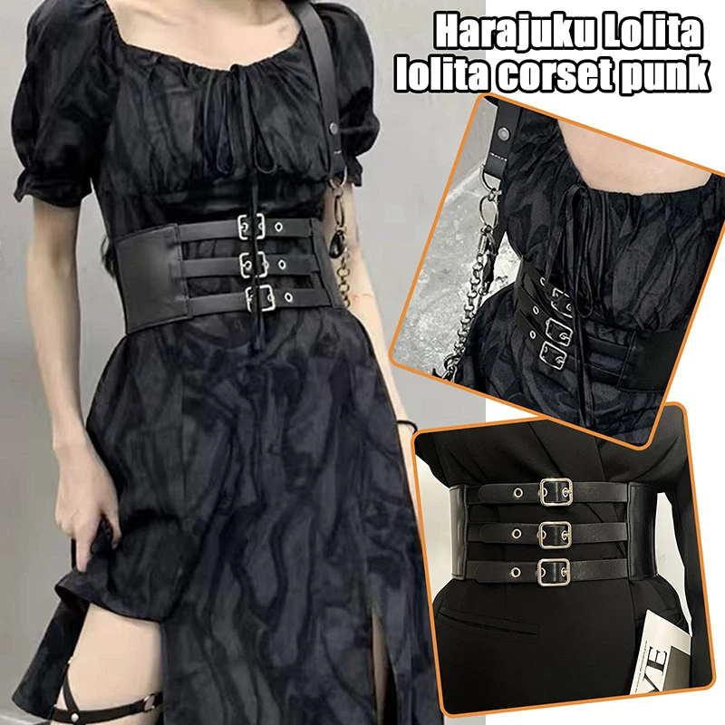 

Retro 3 Straps Slimming Waist Belt Faux Leather Stretch Cummerbunds Elastic Wide Corset Belt Three Rows of Pin Buckle Punk Style