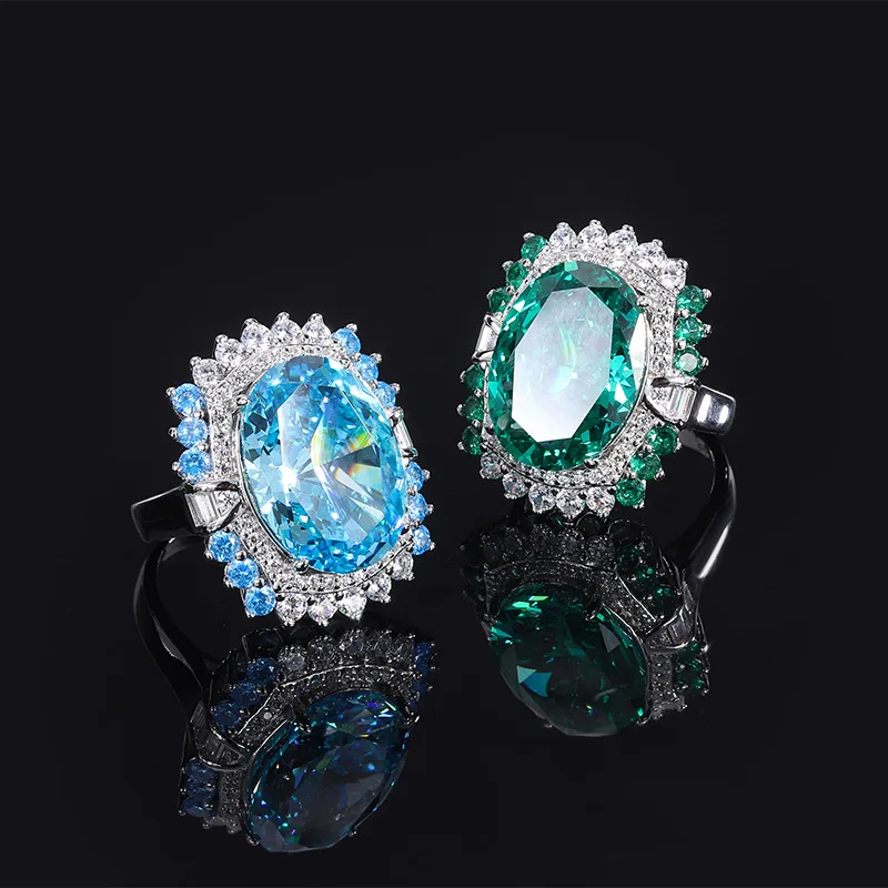 

S925 silver hot selling high carbon diamond set diamond emerald sea blue treasure color dan 13 * 18 women's ring