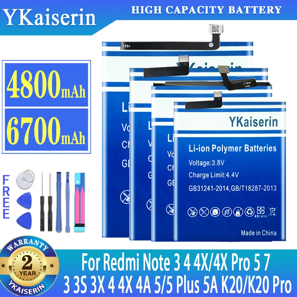 

YKaiserin Battery For Xiaomi Redmi 3 3S 3X 4 4A 5 5Plus 5A K20 K20pro Note 3 4 4Xpro 4X 7 For Xiaomi Mi Pocophone F1 Note 2 5