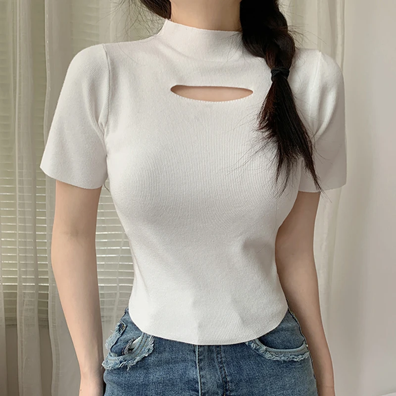

Solid Cut out Knitted Blouse Tops Spring Summer Fashion Women Shirt Short Sleeve Slim Casual Office Blouses Clothes Blusas 25248