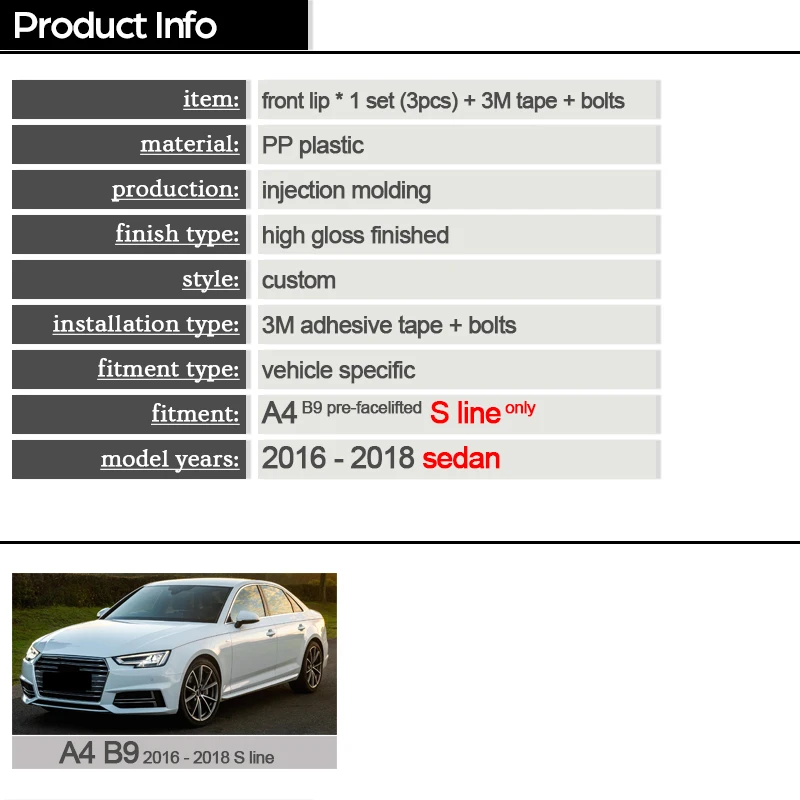 Фото Черный передний бампер с принтом из углеродного волокна, спойлер для Audi A4 B9 8W2, предварительно фейслифрованные модели S Line и Base 2016-2018 №4