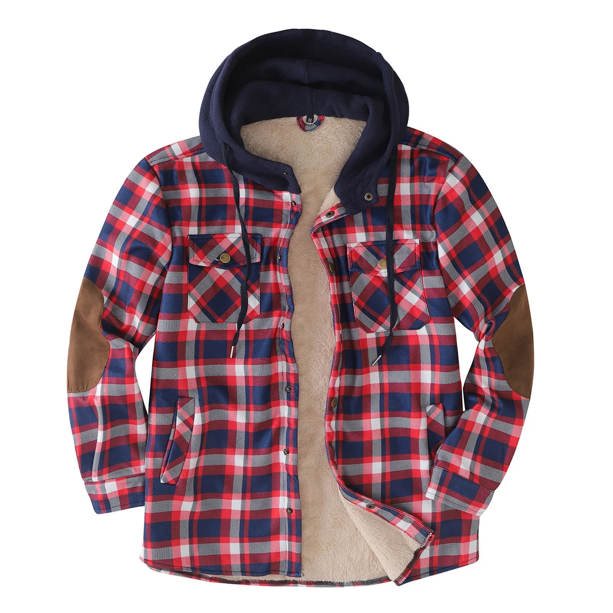Fashion Workwear Men Fleece Lined Flannel Shirt Thick Sherpa Button Down Jackets With Hood