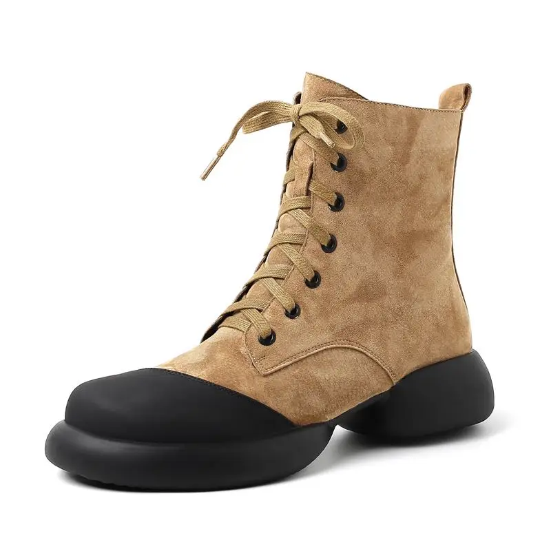 

9 Years Old Shop Genuine Leather Women Boots Round Toe Fashion Outdoor Thick-soled Waterproof Platform Woman Ankle Boots