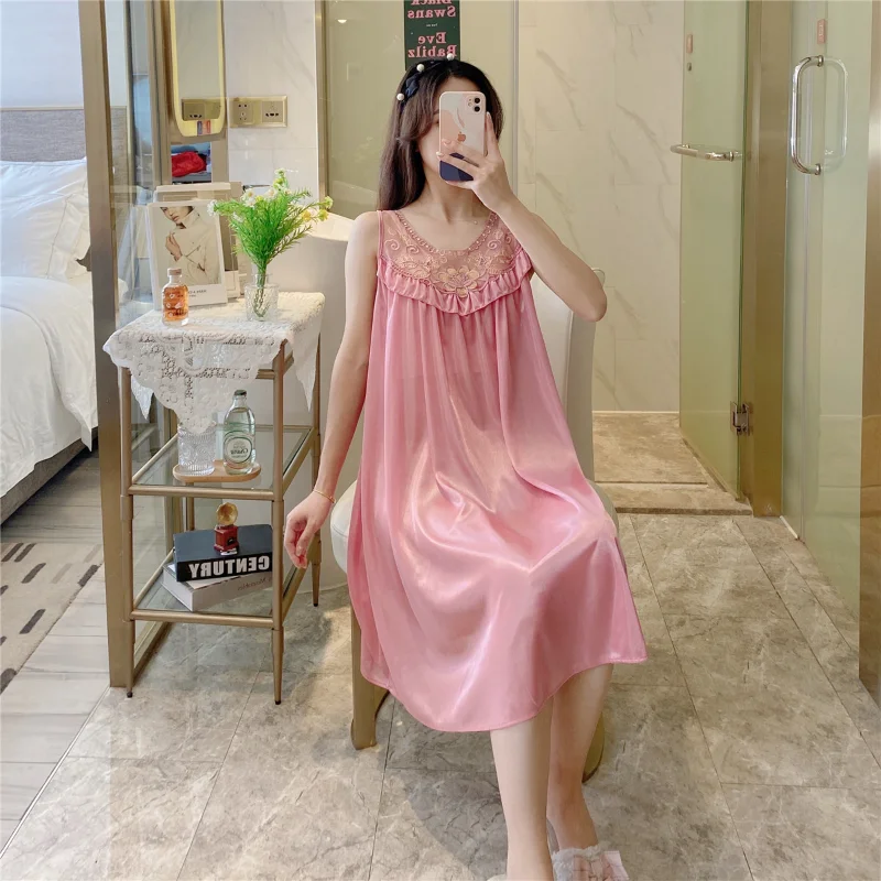 

Women Ice Silk Sleepwear Set Nightdress Homewear Nightwear Pyjamas Female Lace Sleepwear V-neck Nightgowns Plus Size Y25
