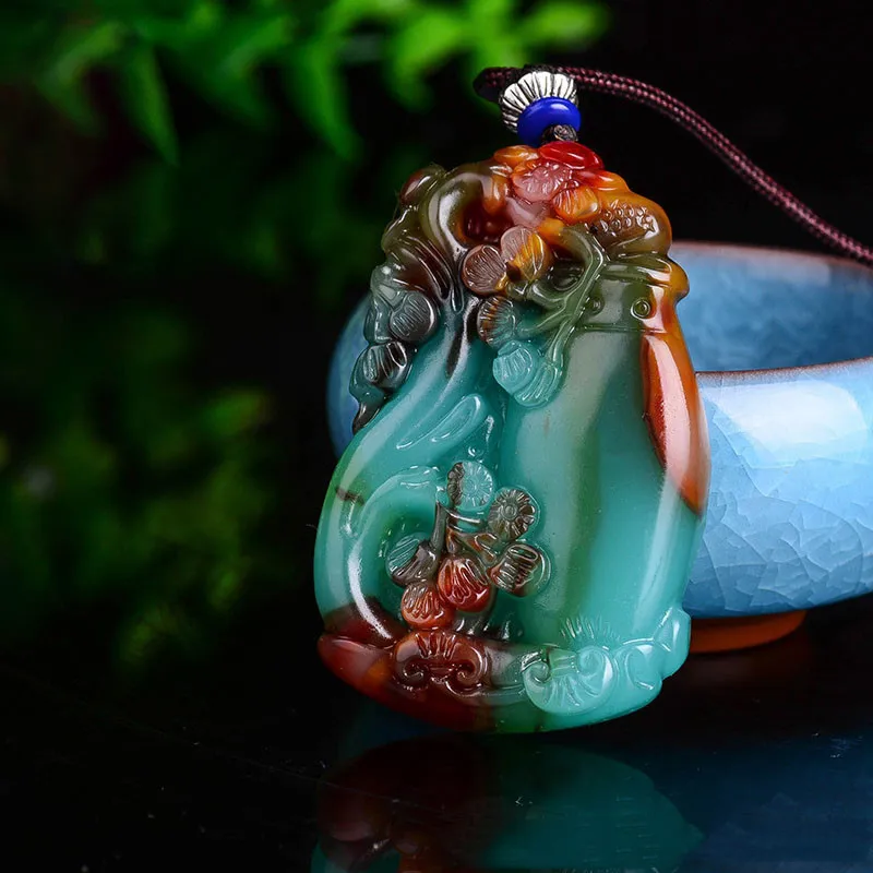 

Natural Xinjiang Gobi Colorful Jade Flower Bottle Pendant for Men and Women