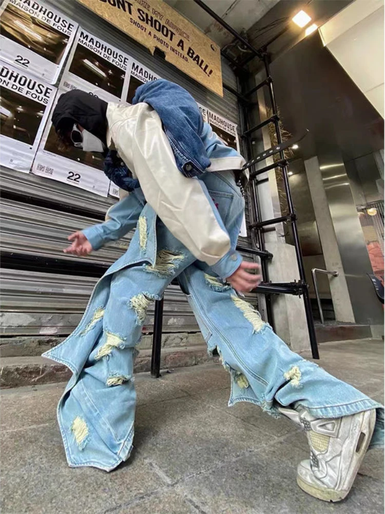 DEEPTOWN Designer Ripped Jeans Men Patchwork Straight Denim Pants Male Hip Hop Trousers Loose Streetwear Punk Hole New Fashion