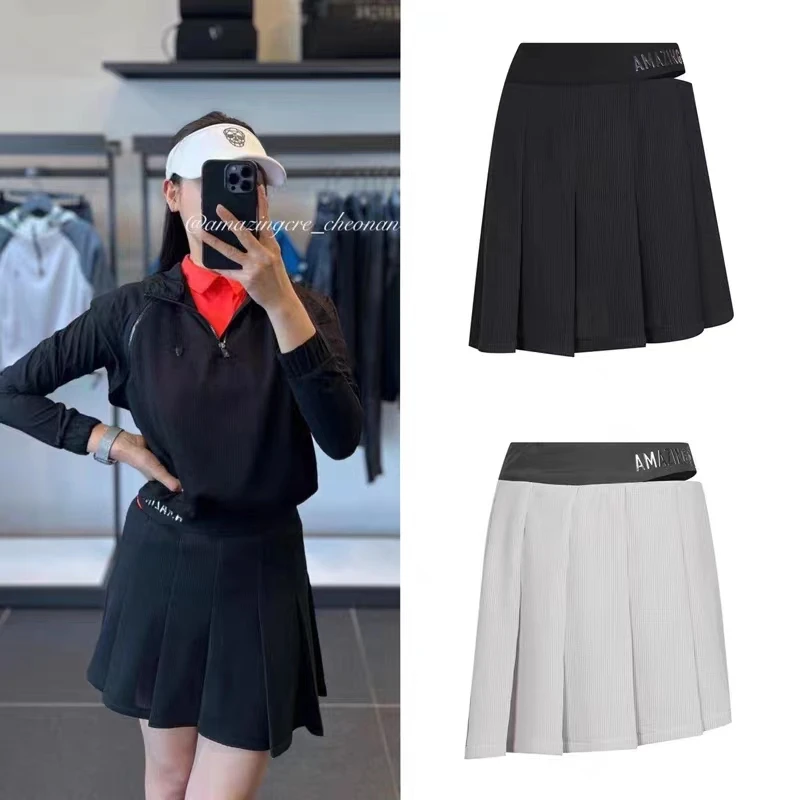 

Amazingcre Golf Dress Women Short Skirt 2023 New High Waist Slim Irregular Hem Pleated Skirt Golf Sports Anti-exposure Skirt