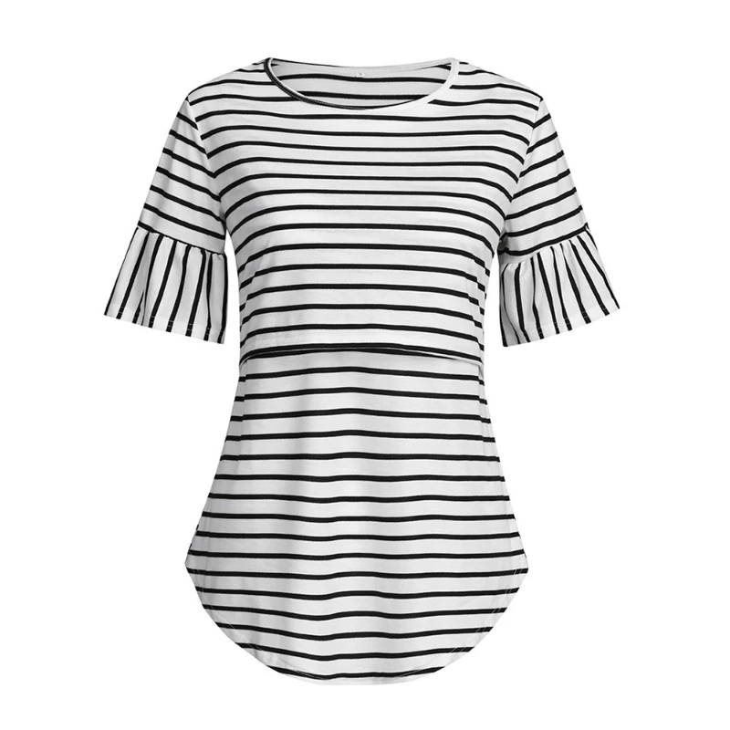 

Women's Loose Striped T-shirt Maternity Blouse Pregnancy Flared Sleeves Short Tops Summer Round Neck Breastfeeding Mama Clothes