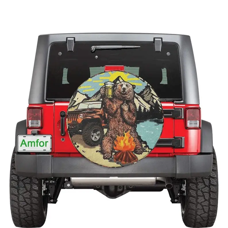

Bear Beer Fire Car Tire Cover Boho For All Car Accessories , Premium Camping Jeep Tire Cover with Bear Design