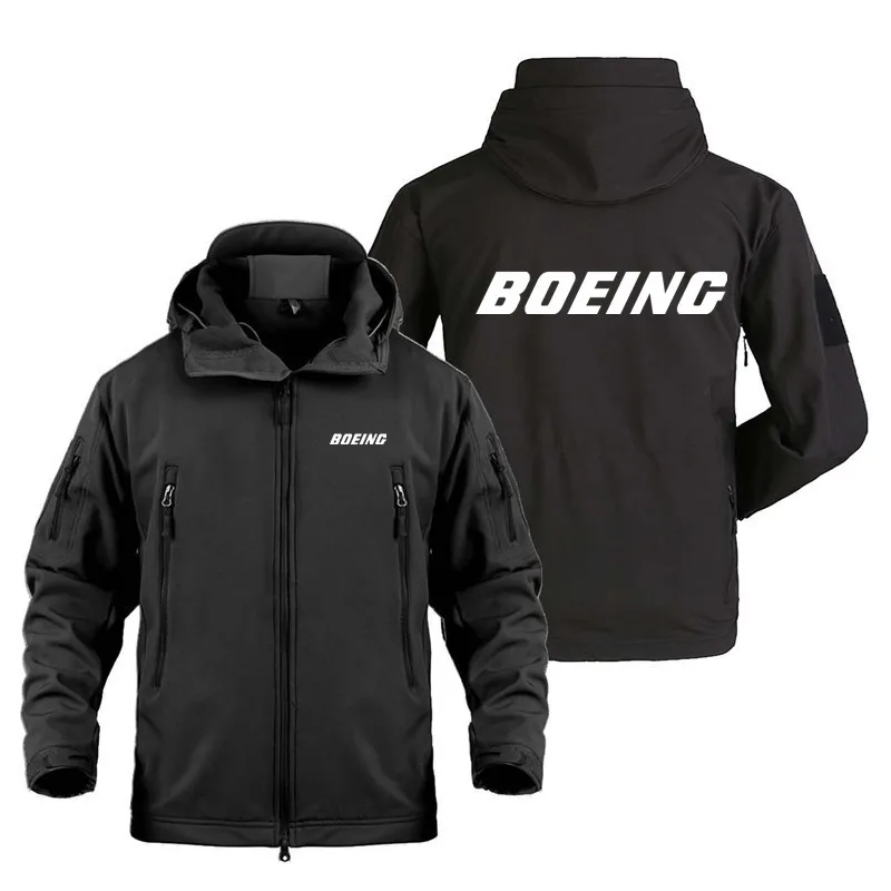 

New Autumn Winter Fleece Warm Multiple Pockets Boeing Print Zipper Hooded Man Coat Jacket Military Outdoor SoftShell Men Jackets