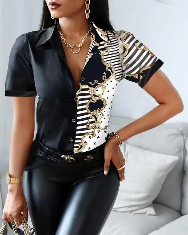 

2022Women Short Sleeve Blouses Casual Office Print Shirts Summer Fashion Button White Shirt Elegant Patchwork Shirts Tops Women