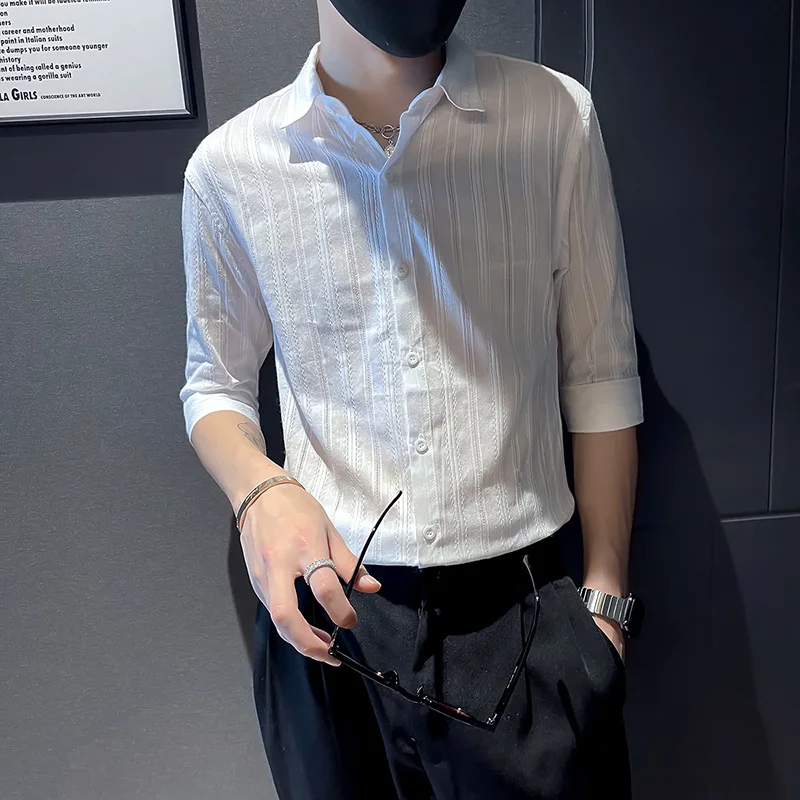 2022 Summer Solid Color Shirts Men Half Sleeve Slim Casual Shirt Business Formal Dress Shirt Social Party Streetwear Lapel Tops