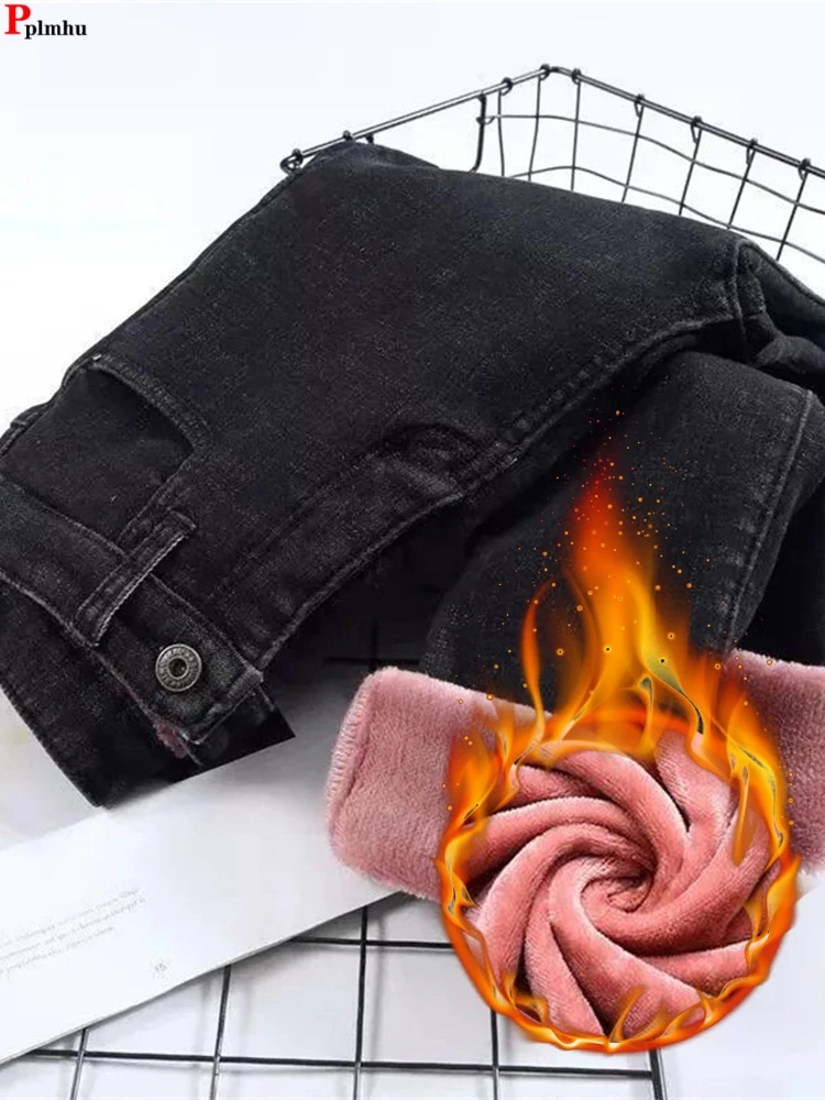 

Джинсы-карандаш женские с высокой талией, теплые облегающие штаны из денима, с плюшевой подкладкой, в Корейском стиле, большие размеры 80 кг, зима