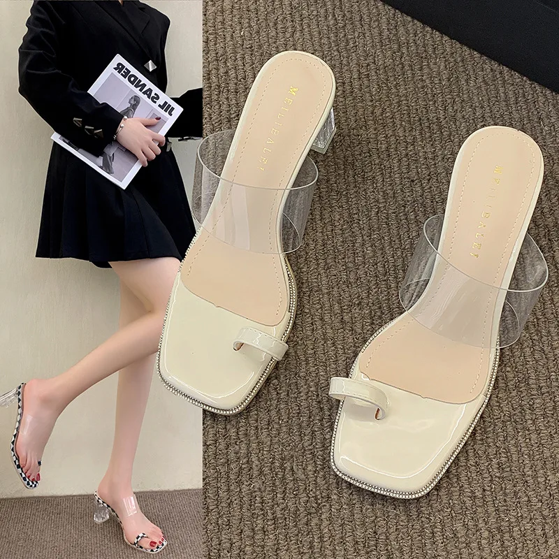 

Toe Covering Clear Heel Fashion Sandals Women's Outdoor Wear Summer New Ins Style High Heel Sandals Chessboard Plaid Slippers