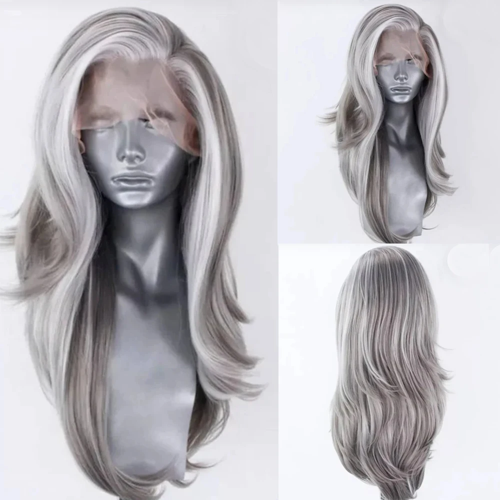 

Синтетические длинные мягкие волнистые волосы для чернокожих женщин серого цвета для женщин с боковой частью бесклеевые кружевные передни...