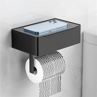 Wall Mounted Black Toilet Paper Holder Tissue Paper Holder Roll Holder With Phone Storage Shelf Bathroom Accessories