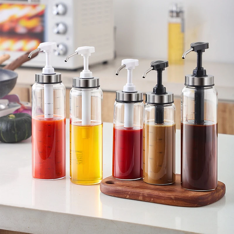

Sauce Syrup Dispenser Bottle Glass Olive Oil Dispenser With Wide Neck Press Pumps Head Kitchen Seasoning Squeeze Bottle