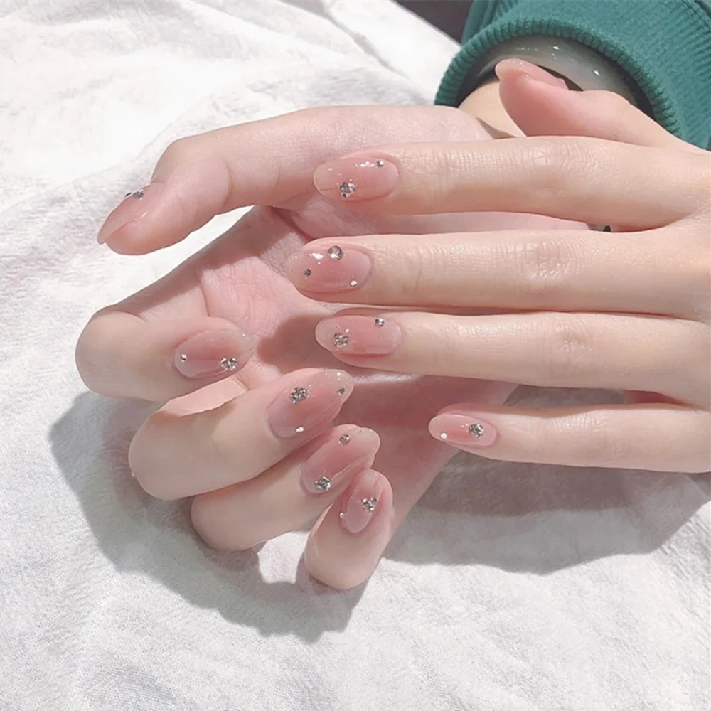 

24 шт. накладные ногти с блеском полупрозрачные накладные ногти блестящие алмазные накладные ногти Круглый Клей Тип акриловые накладные ног...