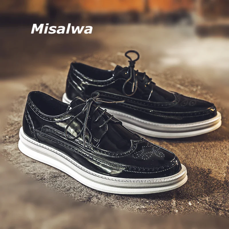 

Misalwa Patent Leather Men Oxford Shoes Brogue British Casual Sneakers Wearable Men Trainers Pointed Formal Shoes Platform