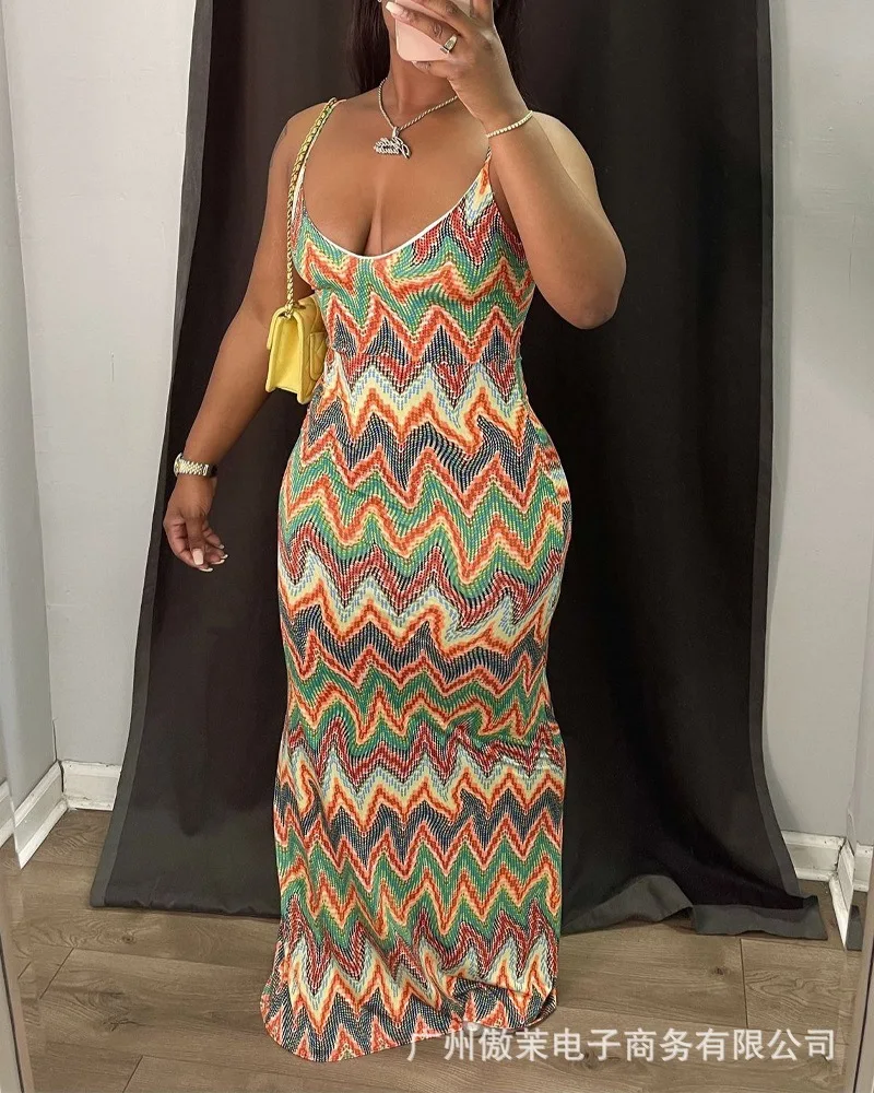 

Женское платье макси на бретельках, длинное облегающее платье без рукавов с высокой талией и принтом в пол, весна-лето