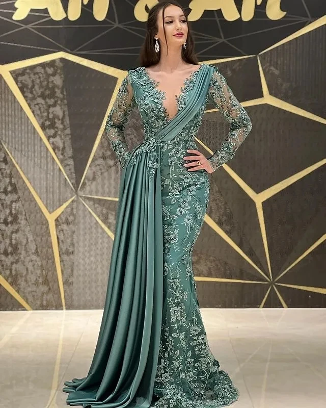 

Teal Aso Ebi African Evening Dresses Mermaid Long Sleeves Appliques Pearls Long Dubai Saudi Arabic Black Girls Evening Gown Prom