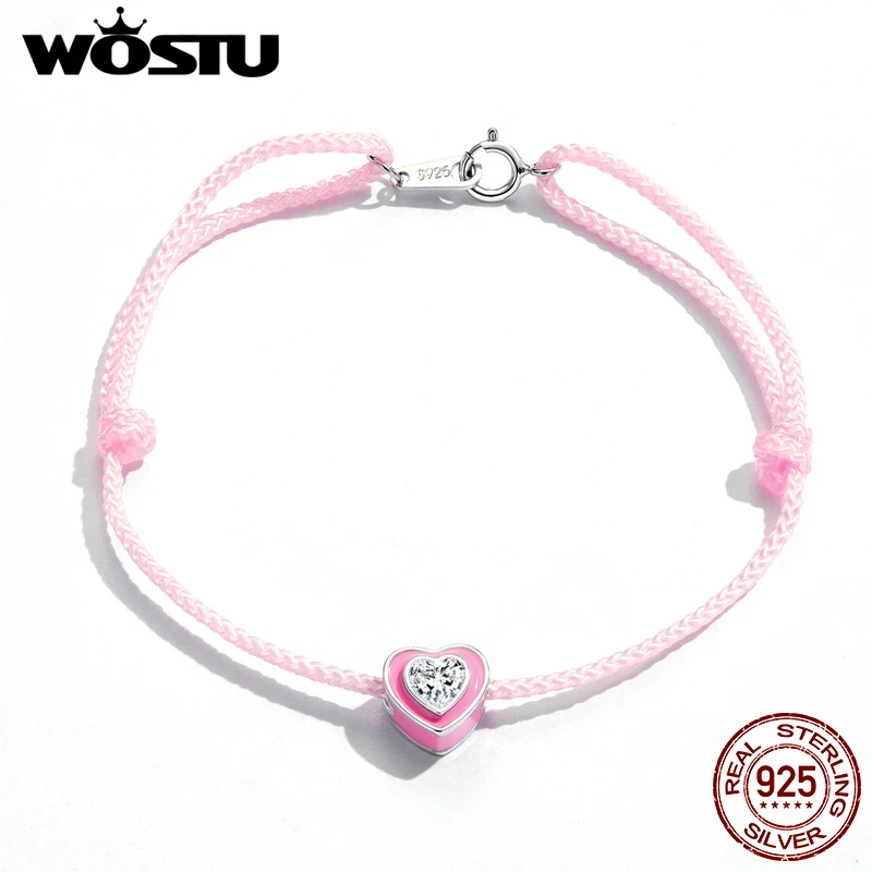 

WOSTU Pure 925 Sterling Silver Pink Heart Rope Ankle 22.5CM Adjustable Size Shiny CZ Rope Chain For Women Summer Jewelry FIT022