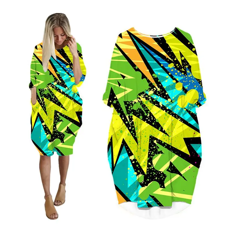 

Платье женское средней длины с длинным рукавом «летучая мышь» и карманами