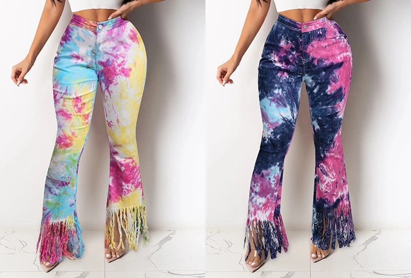 Women's 2023 Jeans Woman Lady Fashion Temperament Tie-Dye Tassel Micro-Flare Casual Pants