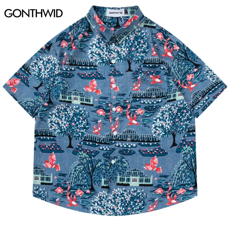 

Men Hawaiian Shirt Japanese Style Short Sleeve Button-UP Beach Shirts Streetwear Harajuku Hip Hop Summer Casual Loose Top Shirt