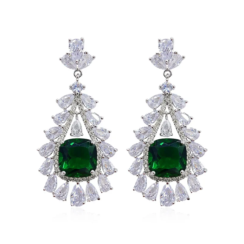 

Retro Emerald Water Drop Earrings Bride Wedding Earrings Exaggerated 925 Silver Needle Green Crystal Micro Inlay Zircon
