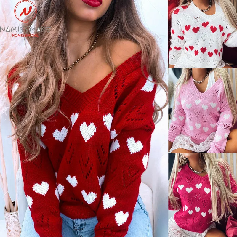

Fashion Women Heart Print Sweaters Hollow Out Design See Through V-Neck Long Sleeve Spring Autumn Casual Loose Knitted Top