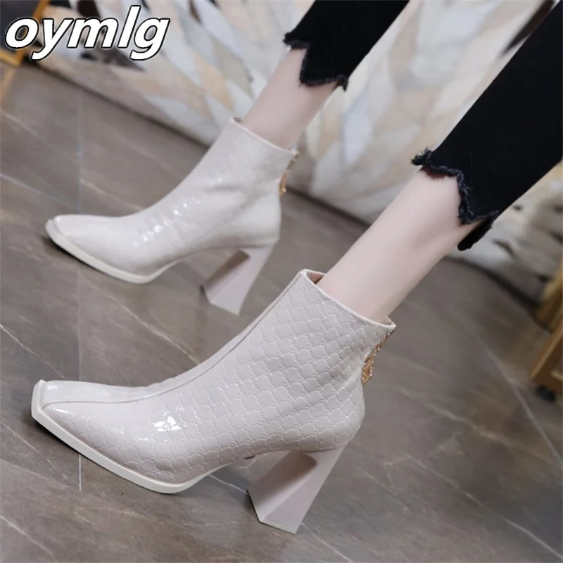 

Женские ботинки, новинка осень-зима 2022, ботильоны из лакированной кожи на высоком квадратном каблуке