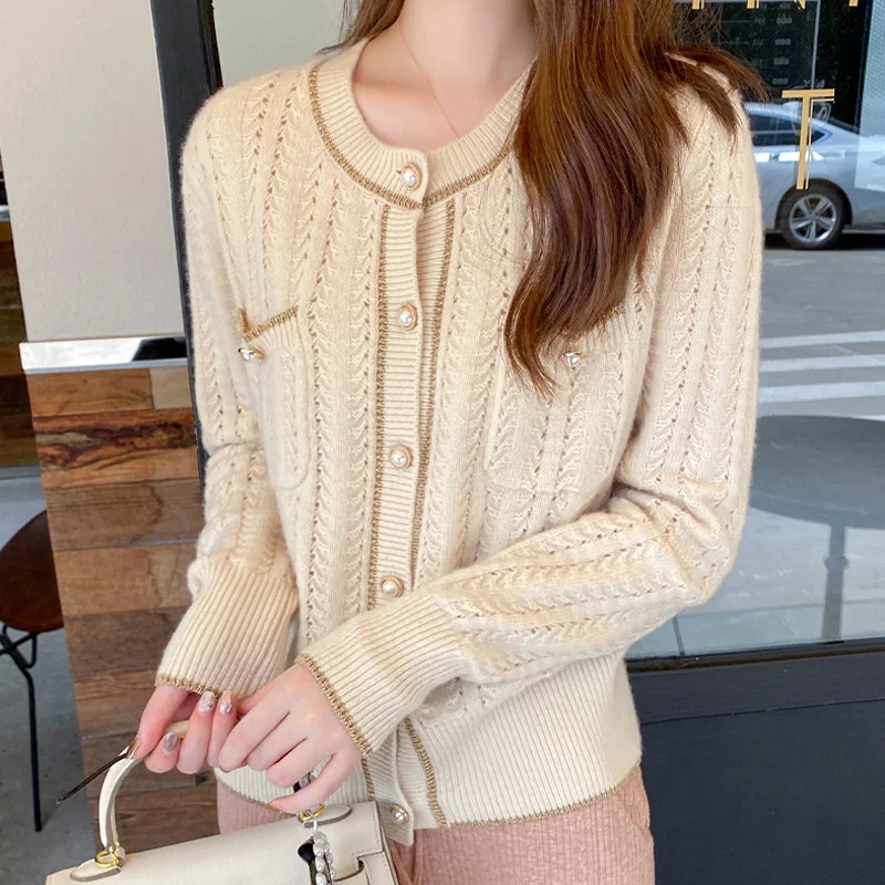 

Thin Pink Knitted Cardigan for Women 2023 Spring Autumn Hollow Out New Loose Casual Knitted Coat Top Female 니트반팔여자