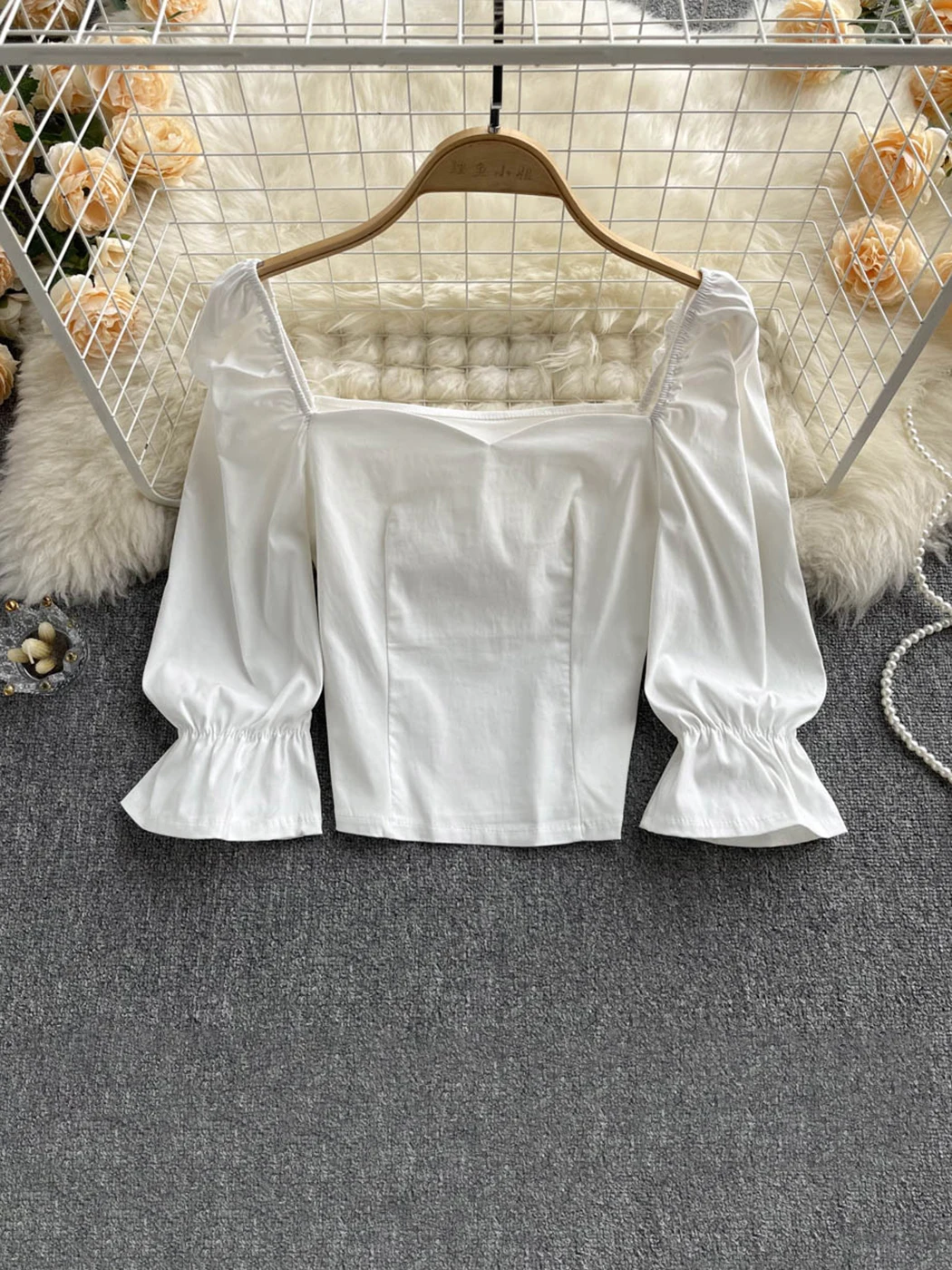 

Jastie 2022 Solid Color Slim Crop Top Women Summer Square Collar Puff Sleeve Casual Pullover Shirt Elegant Simple Tops Female