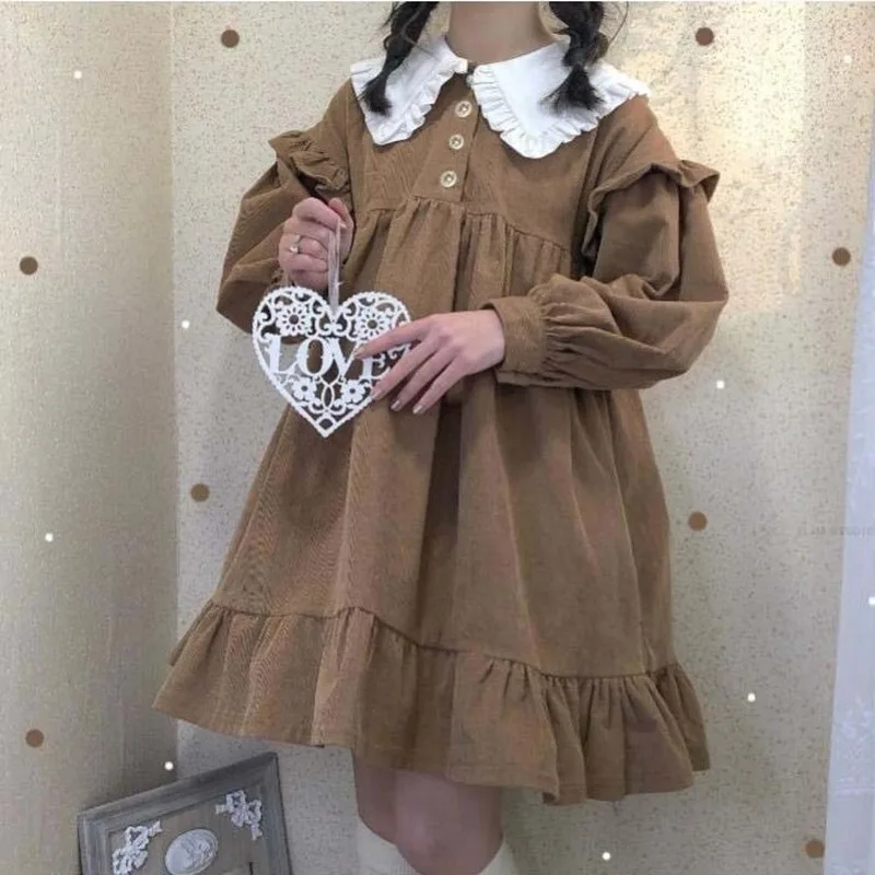 

QWEEK Kawaii Lolita осеннее вельветовое милое лолитное стильное милое платье Yummy коричневое лоскутное платье с пышными длинными рукавами