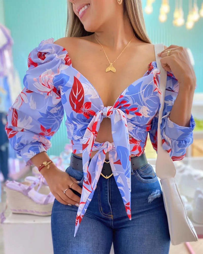 

Y2k Топ Женская футболка с принтом с v-образным вырезом на шнуровке с пышными рукавами, сексуальный укороченный топ, открытые рубашки, винтажные футболки, летние топы с перекрестным бантом