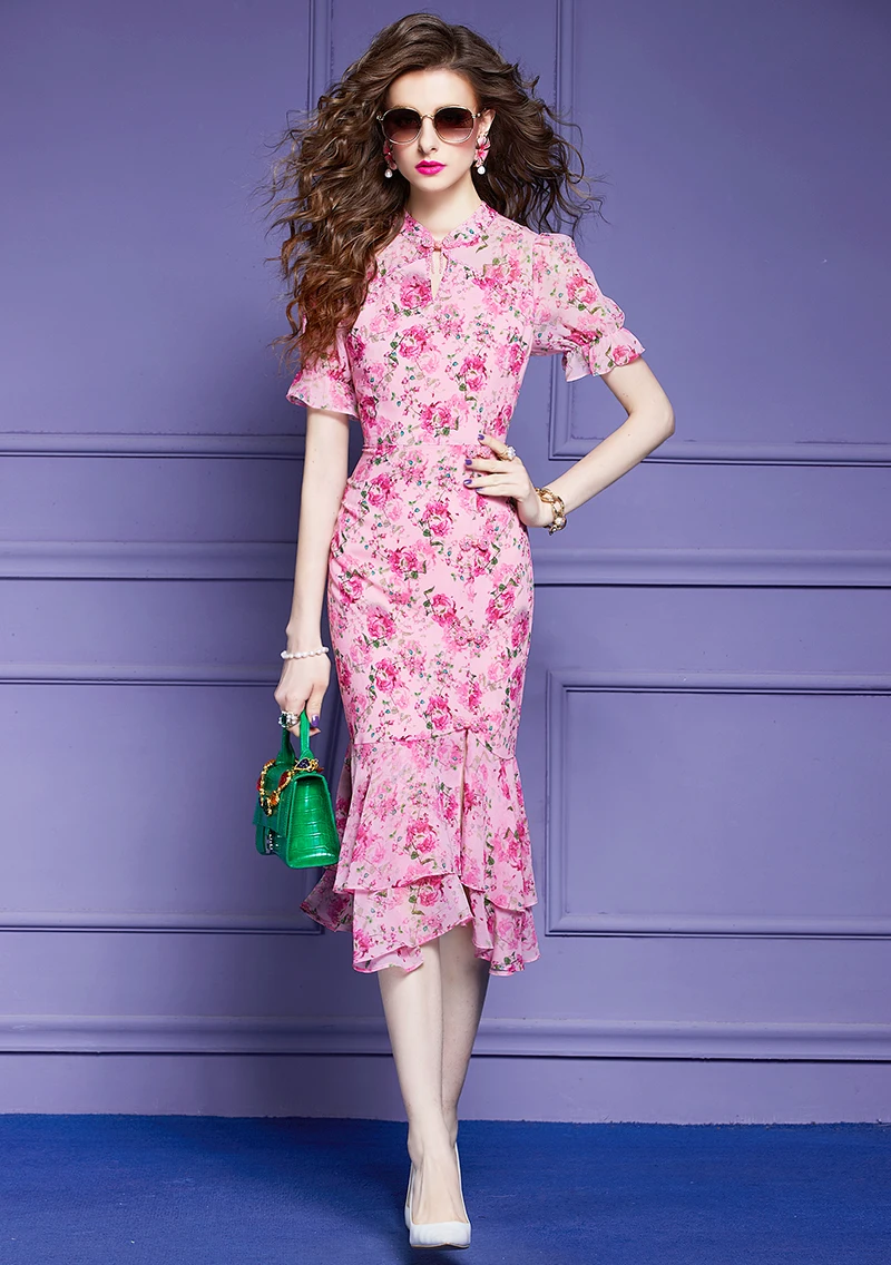 

Summer Print Midi Pleated Dresses for Women 2023 Fashion Short Sleeve Irregular Casual Vestido Female Clothing Robe Femme