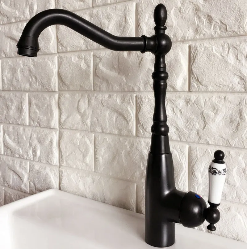 

Basin Faucet Black Oil Rubbed Brass Kitchen Sink Faucets Ceramic Handle Swivel Spout Bathroom Cold And Hot Mixer Tap Dnf377