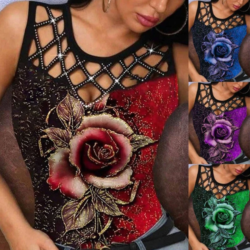 

3D Rose Printed Hollow Out Sleeveless Shirt Women Sexy Summer Casual O Neck Fashion Tshirt Vest Party Club Tank Tops
