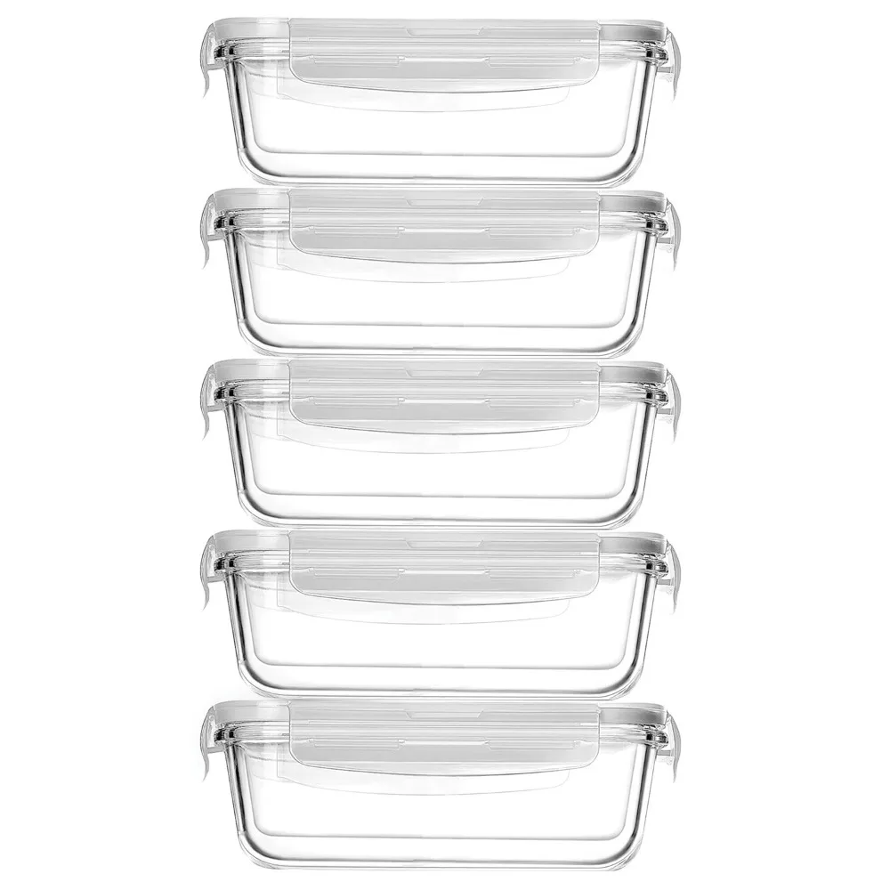 

Set of 5 Stackable Borosilicate Glass Food Storage Containers 30 Oz with Leak Proof Lock Cover Dirt and Odor Prevention