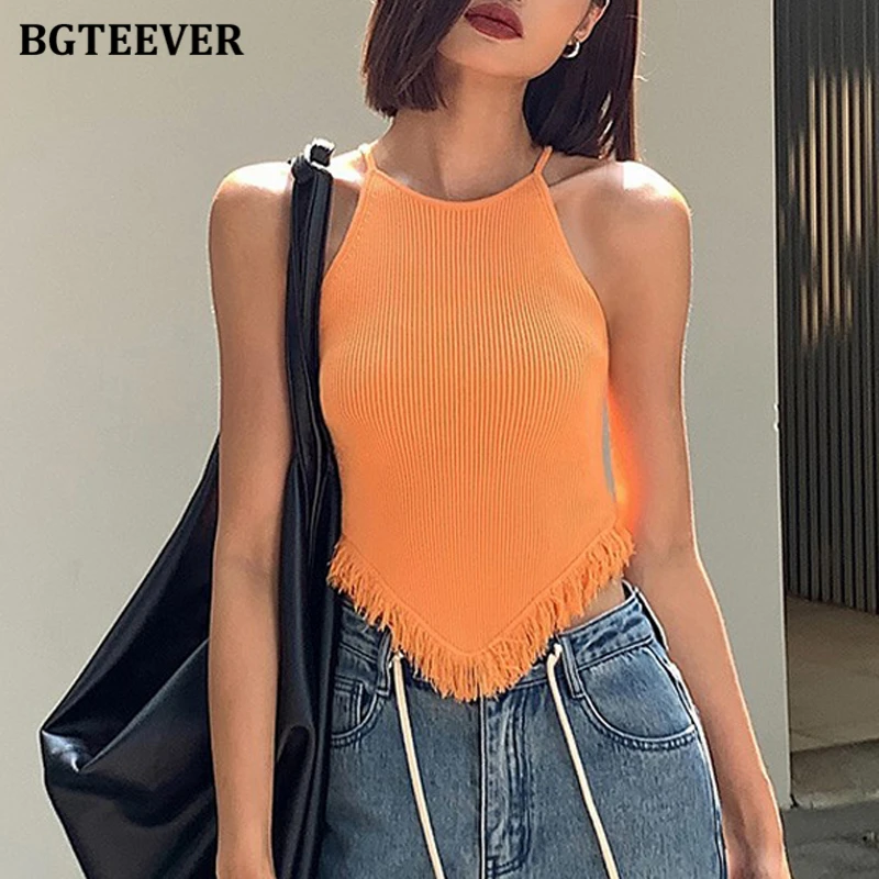 

BGTEEVER Stylish Chic Ladies Sleeveless Tassels Vests 2023 Summer Fashion Slim Female Halter Camisole Women Solid Tank Tops